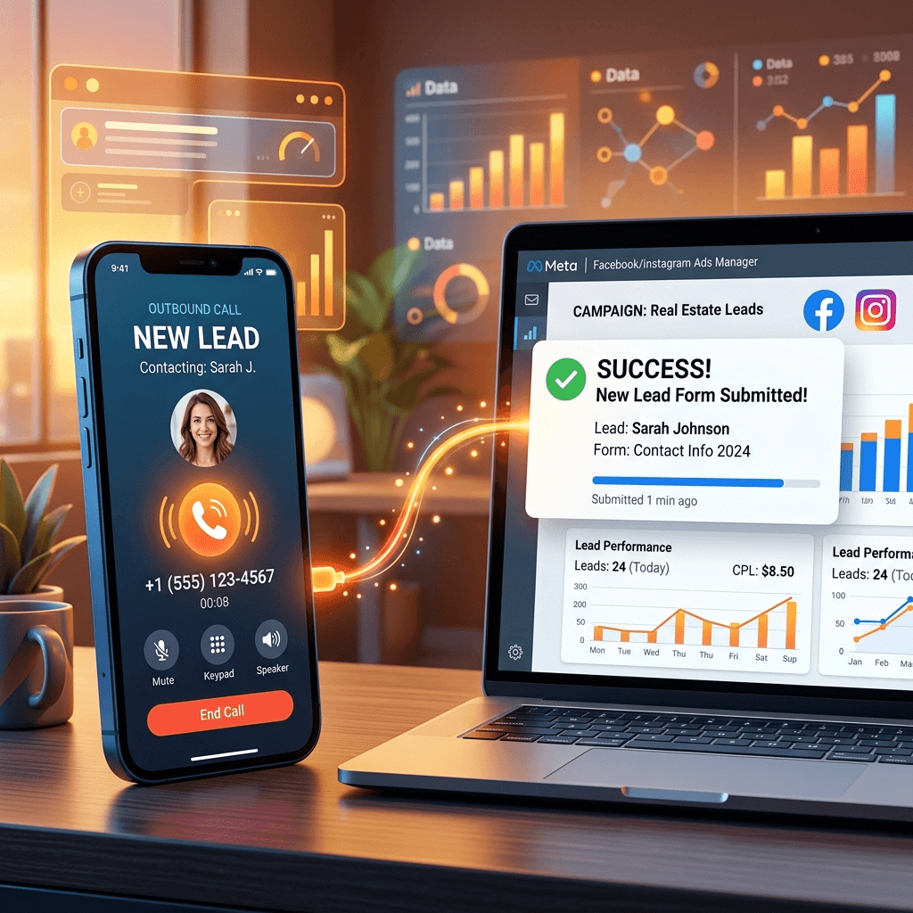 Outbound automated calling from Meta Lead Ads on mobile and laptop screen